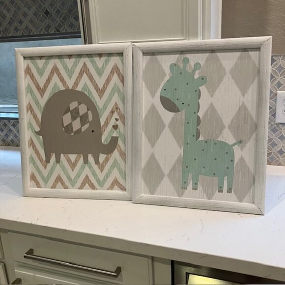 Other - Grey Teal 16.5”x 21” CUTE Animal NURSERY WOOD FRAMED WALL ART PICTURE DECOR